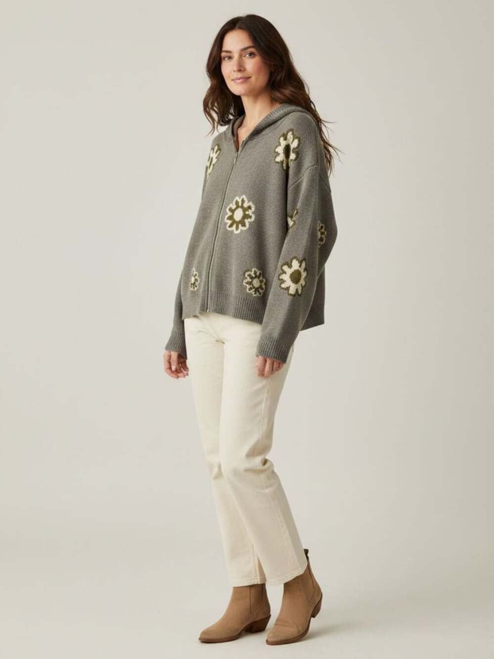 ee:some Women's Gray Floral Knit Full Zip Hoodie with Daisy Pattern Size M/L